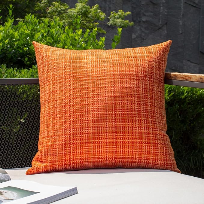Kevin Textile Outdoor Waterproof 16x16 Inch Pillow Covers 2 Pack, Orange | Water Resistant, Faux Linen Yarn-dyed, Woven Texture Throw Pillow Covers for Tent Patio Garden Couch Sofa