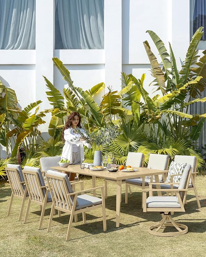 9 Pieces Outdoor Dining Set for 8, Never-Rust Aluminum Patio Dining Set with 2.2" Umbrella Hole, Outdoor Patio Furniture Set with 2 Swivel Chairs for Decks, Garden, Backyard, Maple Wood