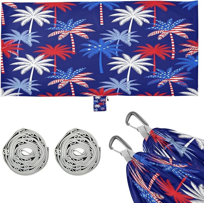 Patriotic USA Flag Palm Tree Hammocks with Tree Straps Rope Hammock for Indoor Outdoor Patio