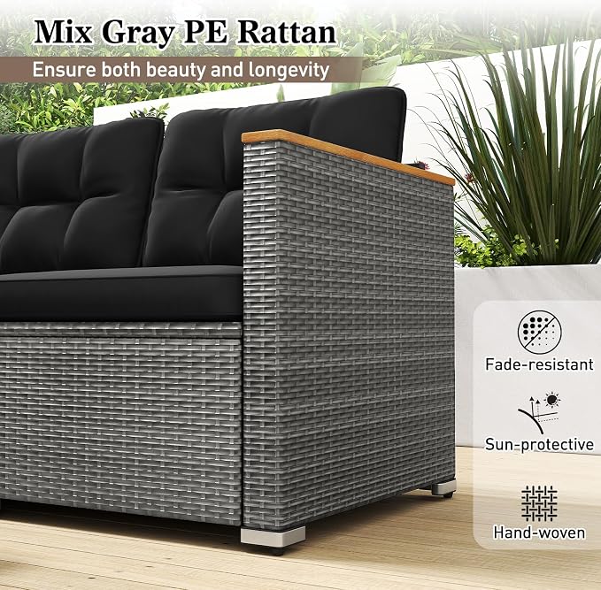Tangkula 3-Seat Patio Wicker Couch Sofa, Outdoor 3 Seater Rattan Furniture Set with Acacia Wood Armrests & Thick Cushion, Outside Sectional Sofa Couch for Porch, Deck, Garden and Backyard, Black