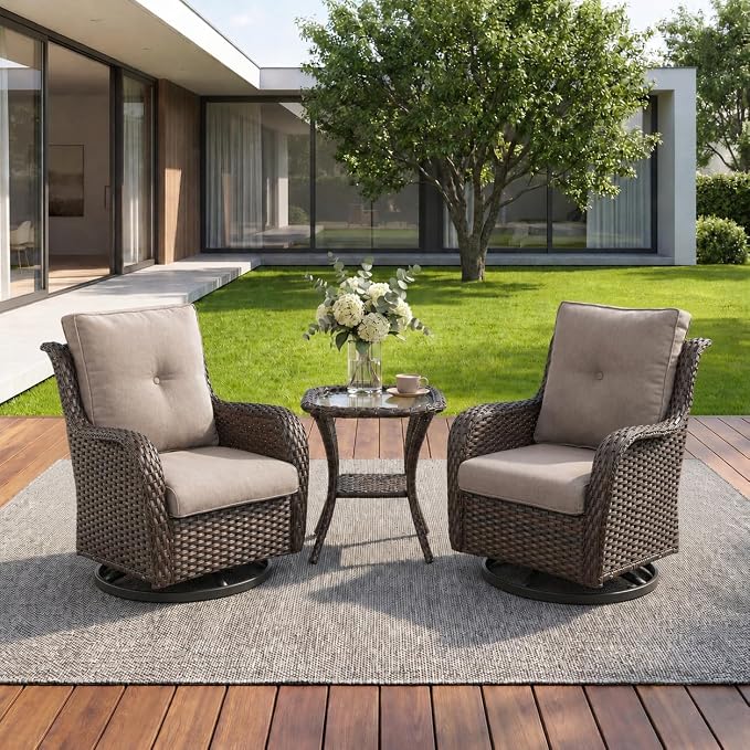 Rilyson Wicker Rocking Chair Swivel Chairs - 3 Piece Rocker Patio Furniture Set Rattan Rocking Bistro Sets with Glass Top Side Table for Outdoor Porch Deck Garden Backyard (Brown/Grey)