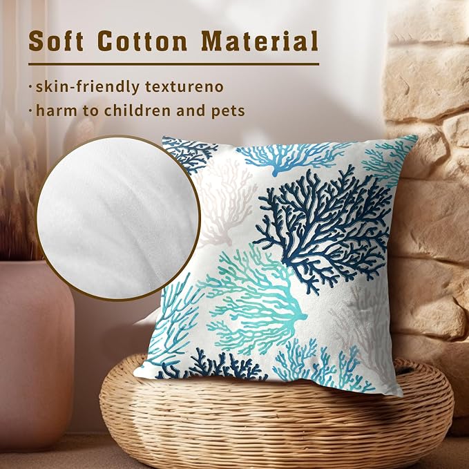 Blue Coral Throw Pillow Covers 18x18 Set of 2 - Summer Beach Nautical Coastal Themed Farmhouse Square Pillowcases for Couch Porch Sofa Bed Indoor and Outdoor