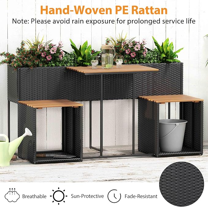 Tangkula Patio Furniture Set with Raised Garden Bed, PE Rattan Garden Planter Table with Built-in Chairs and Storage Space, Acacia Wood Outdoor Conversation Set with Sturdy Metal Frame