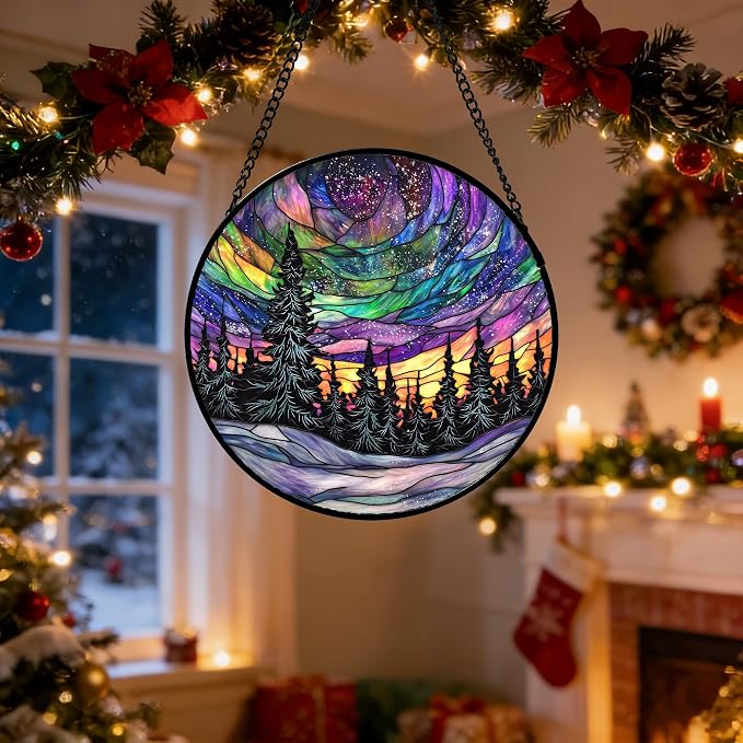 DASTOLL Stained Glass Window Hanging, Van Gogh Night Scene Sun Catchers Colorful Glass Panel Starry Sky Suncatcher Decor for Birthday for Women, Men, Wife, Aunt, and Mom 14.9x14.9 in