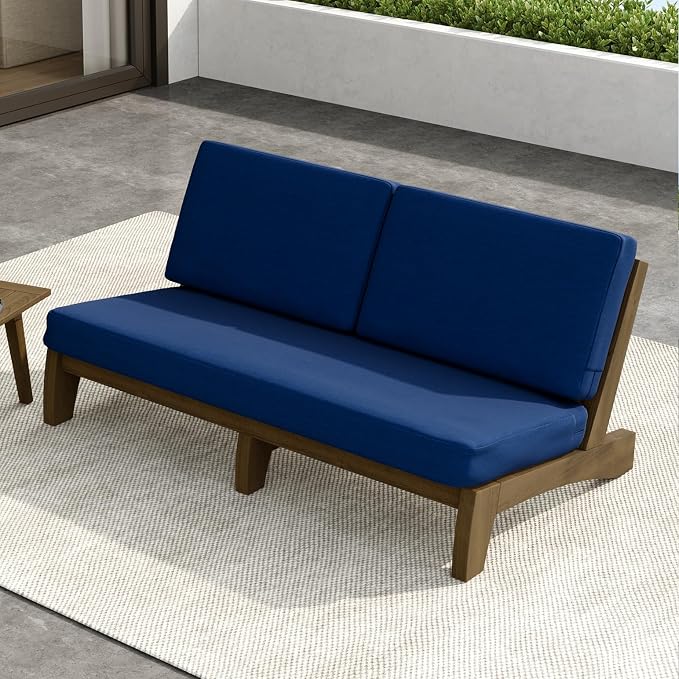 Outdoor Furniture Patio Couch, Weather Resistant 3-Seater Patio Sofa with Removable Cushion, Teak Wood Frame for Porch & Backyard Seating - Navy