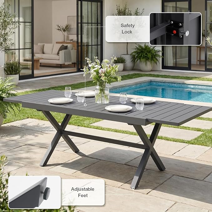 SUNSITT 9 Piece Outdoor Patio Dining Set, 65" - 107" Metal Expandable Outdoor Dining Table with X-Shape Legs, 8 Woven Wicker Patio Chairs w/WPC Armrests for Garden, Dark Grey