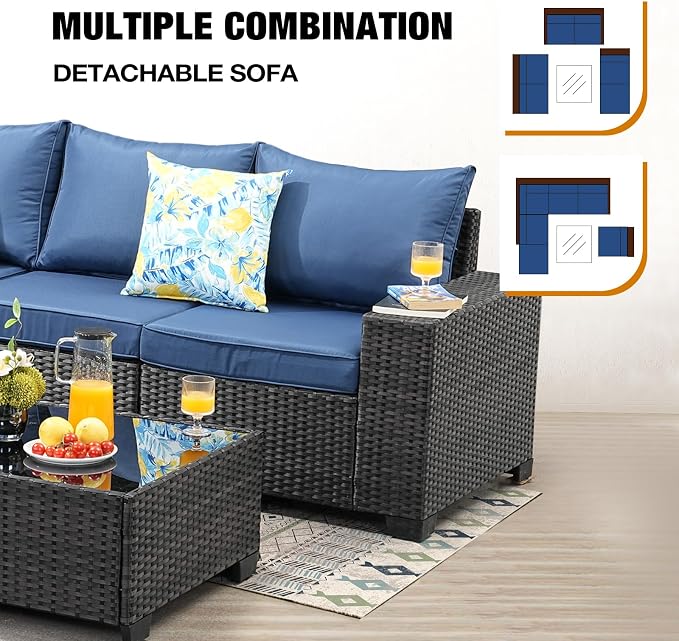 JOYURE 7 Pieces Patio Furniture Set All-Weather Outdoor Wicker Sectional Conversation Sofa Rattan Patio Seating Sofa with Cushion and Glass Table and Ottoman for Porch Poolside,Navy