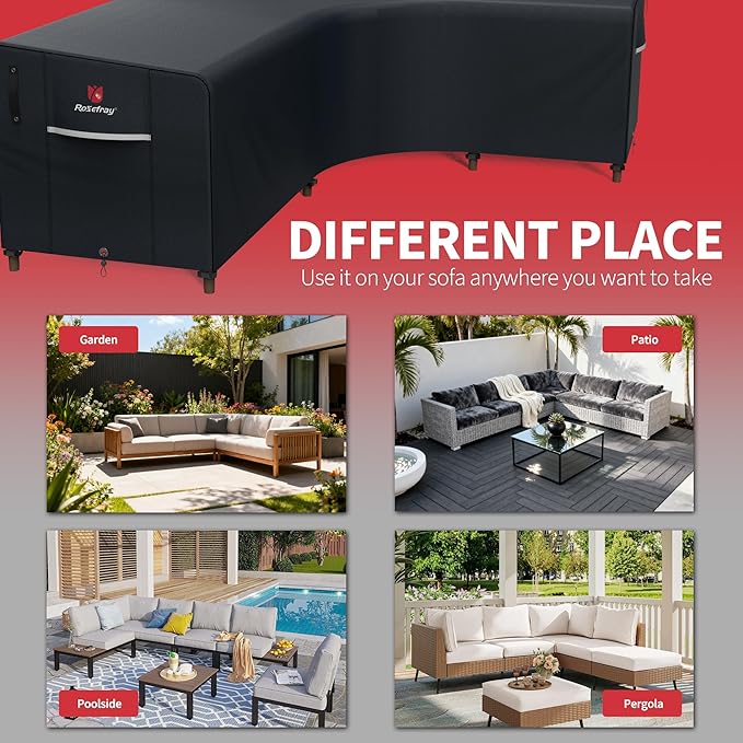 Rosefray 600D Outdoor V-Shaped Sectional Cover,Heavy Duty Anti UV Patio Sectional Sofa Cover with Air Vent, Waterproof Furniture Covers for Deck, Lawn,Backyard 100"x100" Black