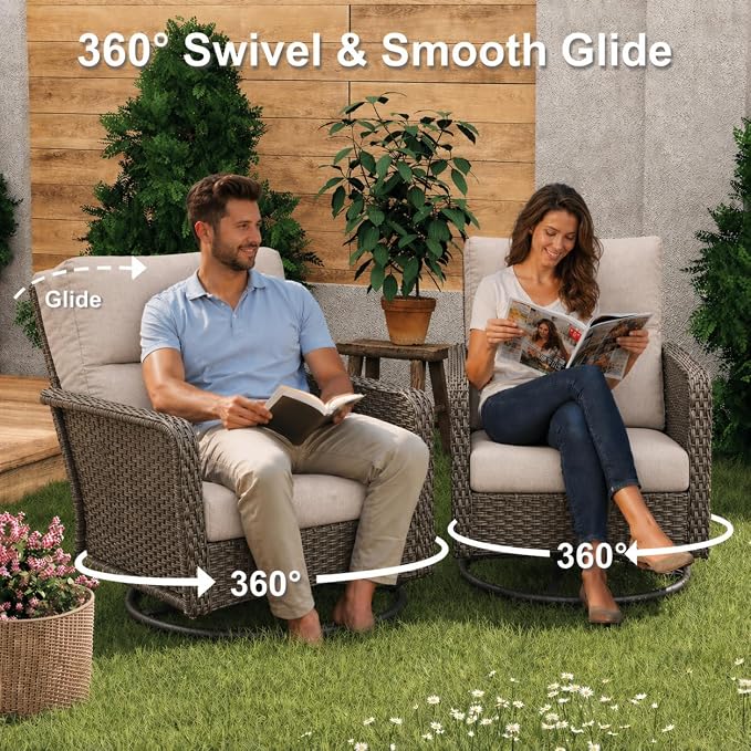 Brafab 9 Seats Outdoor Patio Furniture Set with Fire Pit Table, High Back Swivel Chairs Conversation Sets with Ergonomic Backrest, Wicker Sectional Sofa with Gilder Chair for Yard Garden Porch, Beige