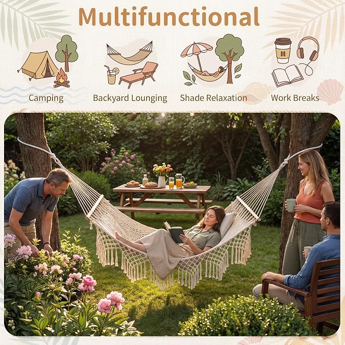 Hand Woven Cotton Rope Hammock, 10 ft Hammock for Patio Garden Yard Porch Camping Beach Indoor Outdoor Hanging Include Rope Straps, 450lb Capacity(White)