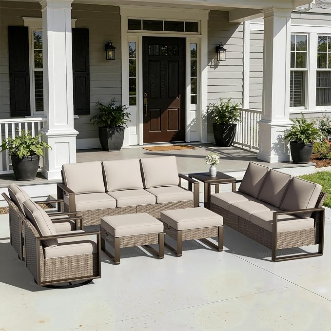 Outdoor Patio Swivel Rocker Chairs, 7 Pieces Wicker Furniture Set, 2 Swivel Rocking Chairs, 2 Sofa 2 Ottoman and 1 Table, Wide Armrest, Thick Cushions and Deep Seating for Garden, Backyard, Porch