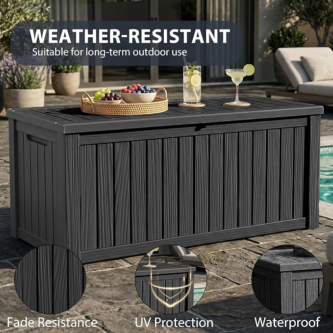 150 Gallon Outdoor Storage Box Waterproof Outside Resin Deck Box, Lockable Storage Bin for Patio Furniture,Garden Tools,Cushions,Pool Accessories(Black)