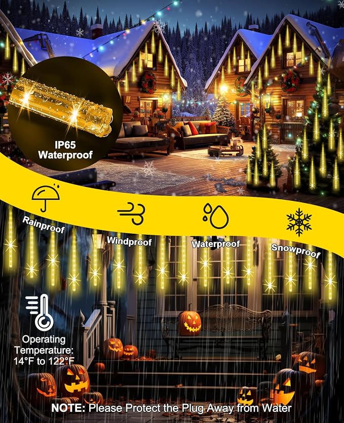 Outdoor Christmas Lights 16 Inch 20 Tubes Meteor Shower, Warm White | Falling Rain Drop Icicle String Lights, Cascading Snow Effect Waterproof Xmas Decor for Tree Wedding Party Garden Holiday