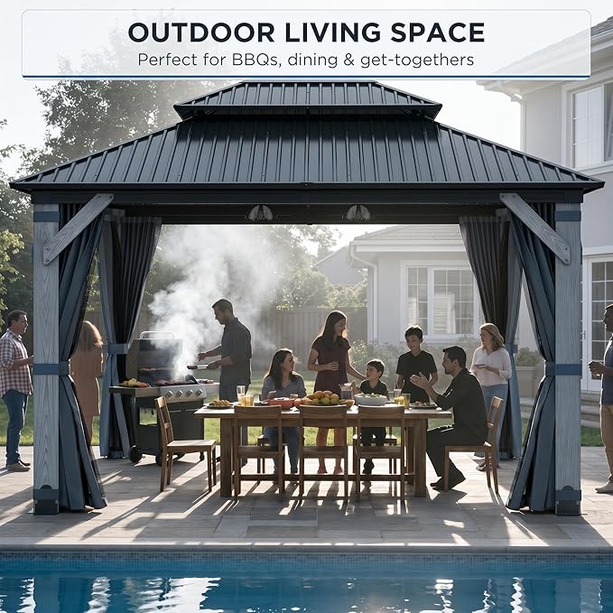 Hardtop Wood Gazebo, Cedar Frame Outdoor Pavilion with Double Galvanized Steel Roof, Curtains and Netting Included, Ceiling Hook for Patio Backyard Deck Lawn Garden (Gray, 10x10FT)