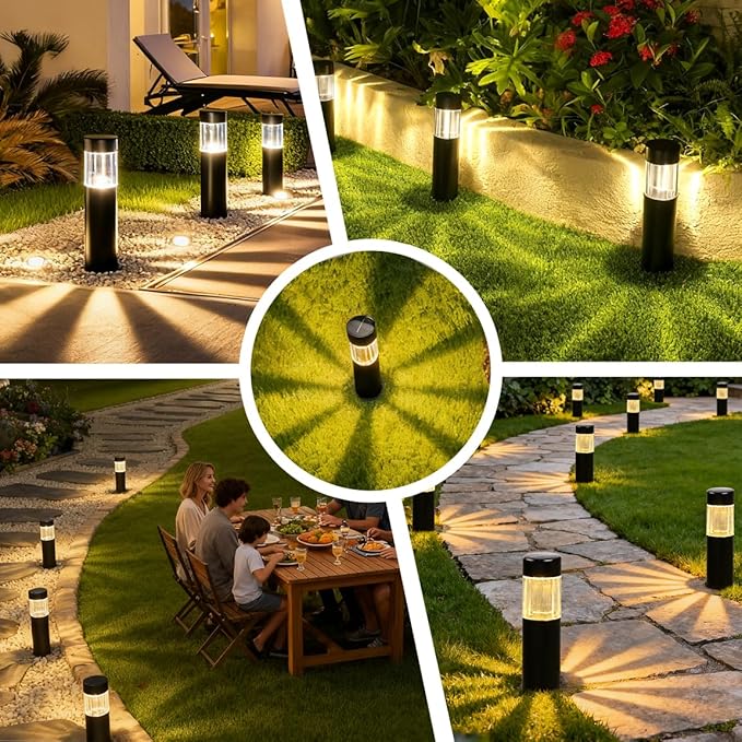 Solar Pathway Lights Outdoor, Dusk to Dawn Garden Lights, 4 Pack | Stainless Steel, Warm White LED, Auto On/Off, IP65 Waterproof, Outdoor Lights for Yard, Lawn, Walkway, Patio, Driveway