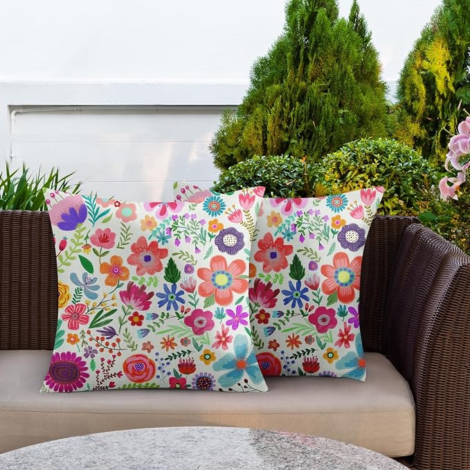 Flower Summer Outdoor Waterproof Throw Pillow Covers 18 x 18 Inch Set of 2, Floral Pink Pillowcase Square Cushion Case, Farmhouse Garden Decorative Pillows for Couch Beach Patio