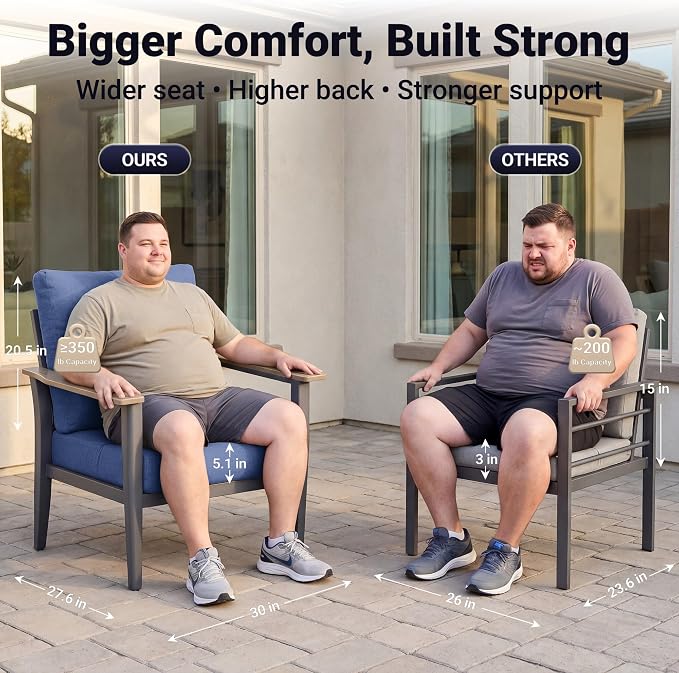 Aluminum Patio Chairs Set of 2, Modern Outdoor Armchairs with Wood-Like Armrests & 5.1" Thick Cushions, Wide Seat Balcony Furniture for Porch, Deck, Navy Blue