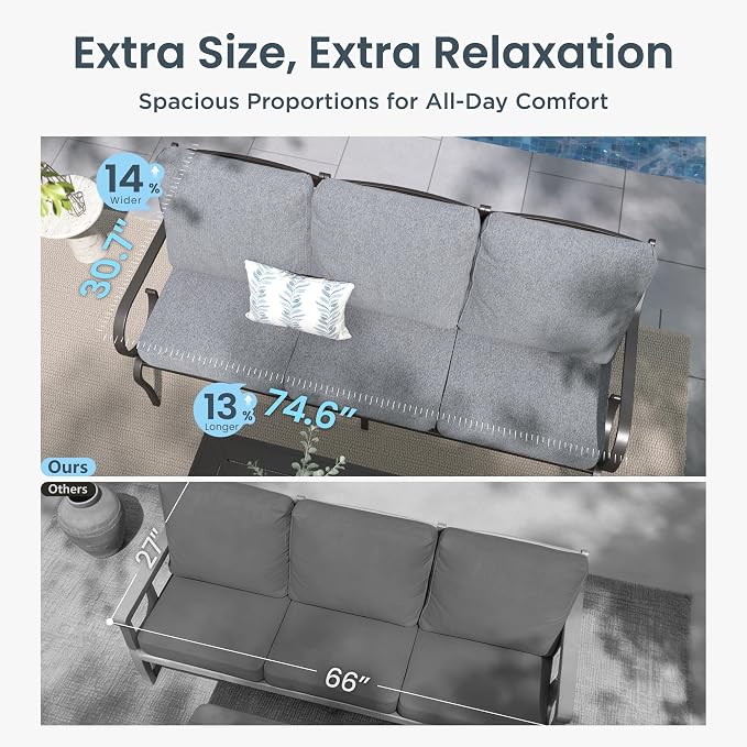 PHI VILLA Patio Furniture Set, 3-Seater Sofa, 2 Fixed Chairs, 2 Swivel Chairs and a 45" Fire Pit Table, Outdoor Metal Conversation Set with 5.75" Extra Thick Cushion for Garden Backyard Deck, Grey