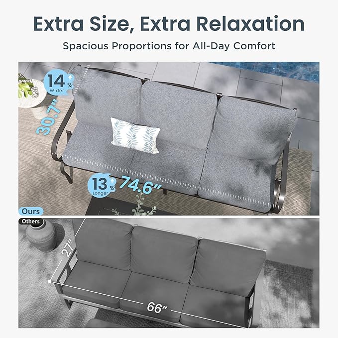 PHI VILLA Patio Furniture Set, 3-Seater Sofa, 2 Fixed Chairs and a 45" Fire Pit Table, Outdoor Metal Conversation Set with 5.75" Extra Thick Cushion for Garden Backyard Deck, Grey