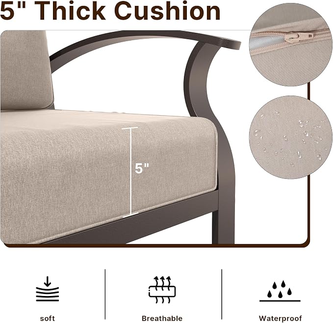 Gotland Aluminum Patio Furniture Set, Metal Outdoor Furniture with 2 Ottomans 5.1’’ High-Resilience Seat Cushions, 5 Piece Patio Set, Oversized Outdoor Sectional Patio Conversation Sets, Khaki