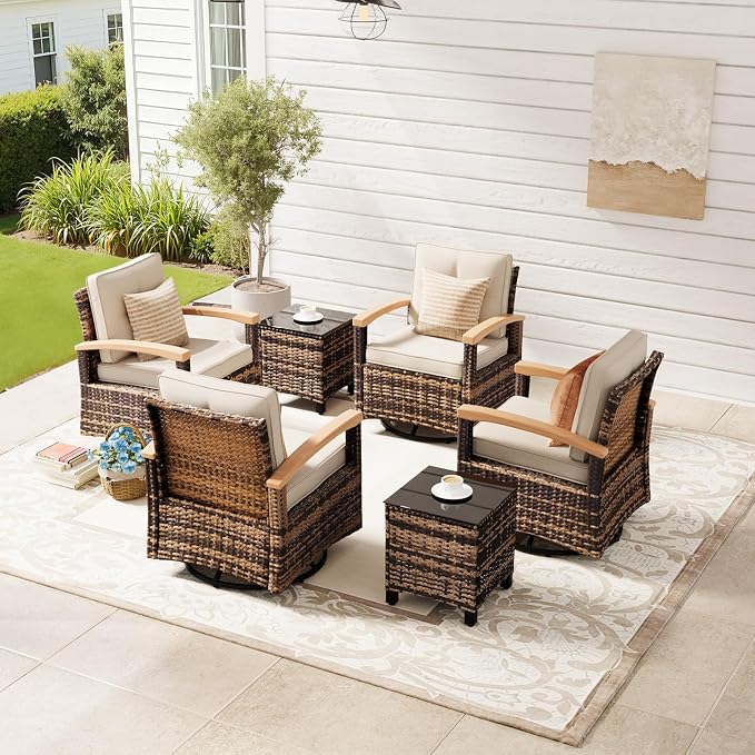 MEISSALIVVE 6 Pieces Patio Furniture Sets, Wicker Patio Conversation Sets with 4 Wood Armrests Swivel Glide Chairs，Outdoor Conversation Set for Deck Yard and Poolside (Beige)