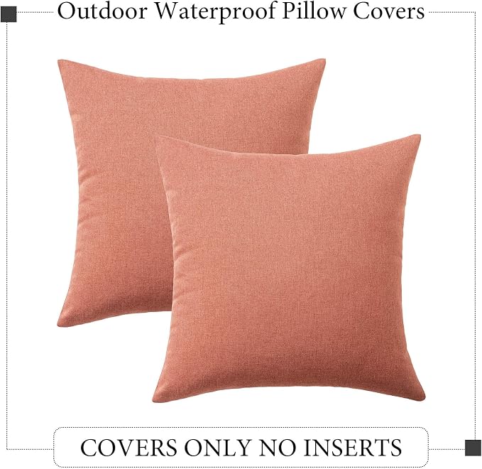 Outdoor Waterproof Throw Pillow Covers Coral Red 20x20 Set of 2 | Decorative Farmhouse Linen Pillowcases Solid Cushion Cases for Patio Tent Balcony Couch Sofa Living Room