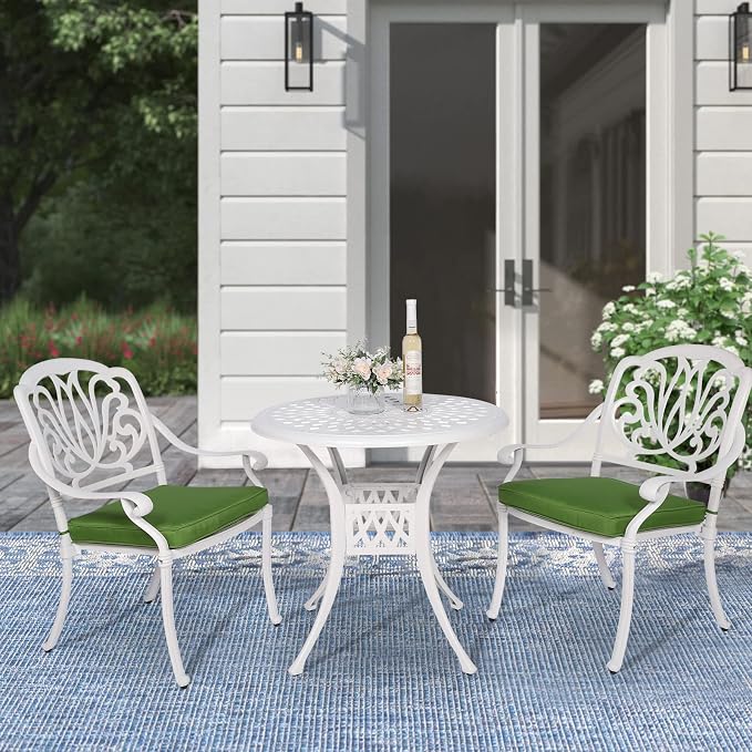 MEETWARM 3 Piece Patio Bistro Set, Outdoor All-Weather Cast Aluminum Dining Furniture Set Includes 2 Chairs and a 31” Round Table with Umbrella Hole for Garden Deck, White