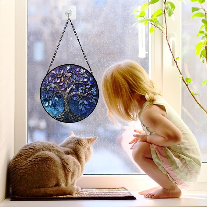 DASTOLL Stained Glass Window Hanging, Blue Purple Tree of Life Sun Catchers Colorful Glass Panel Plants Suncatcher Decor for Birthday for Women,Men,Wife, Lovers, and Mom 6.3 in