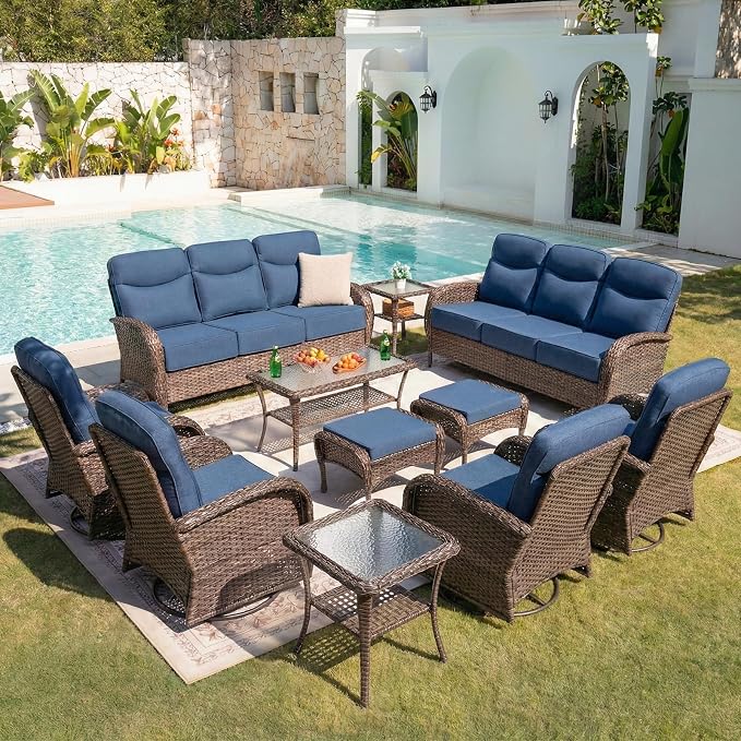Belord Upgraded 6“ Cushion Luxury 11 Piece Patio Furniture Set - Wicker Outdoor Conversation Set with Swivel Rocker Patio Chairs, High Back Outdoor Furniture for Deck Porch Yard - Brown/Blue