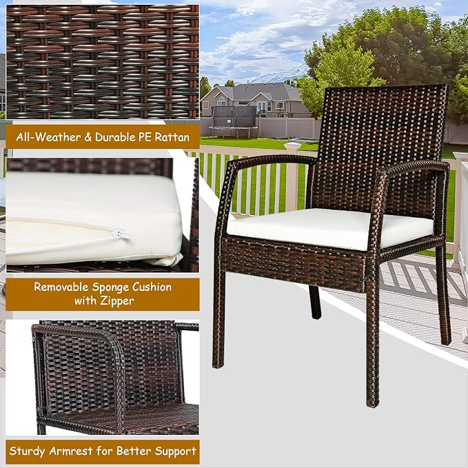 Tangkula 7 Pieces Outdoor Dining Set, Steel Frame Patio Dining Table Set w/ 6 Rattan Armrest Chairs, Modern Conversation Set w/Acacia Wood Top & Umbrella Hole for Backyard Garden Poolside