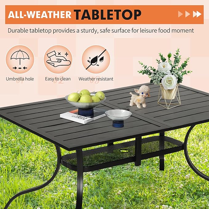 Crownland 7 Piece Outdoor Patio Metal Dining Sets, 6 Stackable Metal Chairs and Rectangular Outdoor Dining Table with with Khaki 9FT Round Outdoor Umbrella, for Backyard, Garden (Classic Black)
