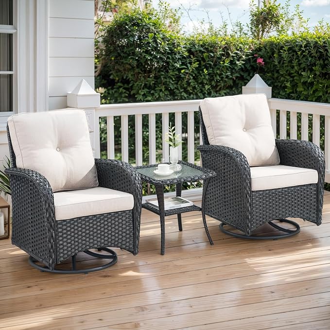 Outdoor Swivel Glider Rocker Chairs - 3 Piece Patio Furniture Set, Patio Bistro Sets with Tempered Glass Side Table, for Balcony, Porch - Black Wicker Beige Cushion