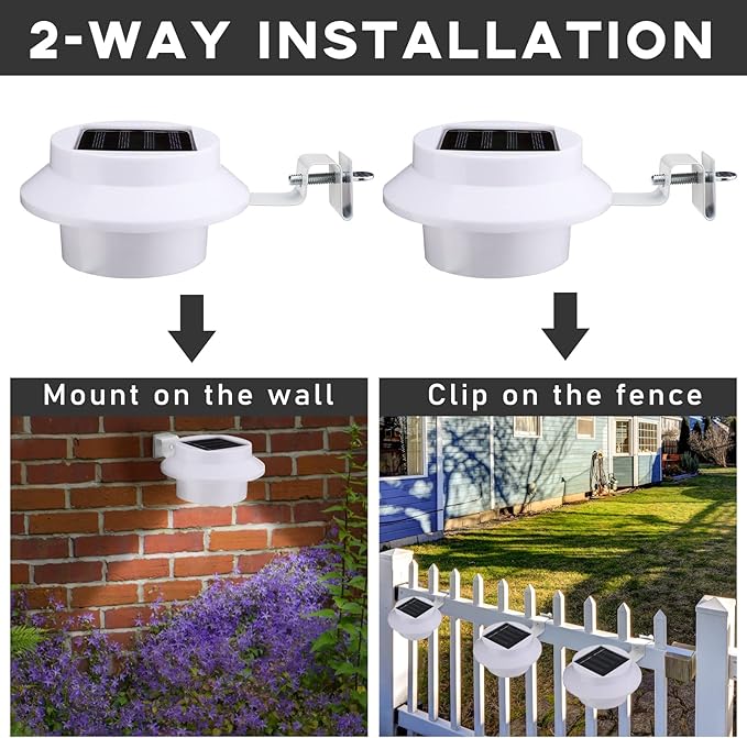 16 Pcs Solar Powered LED Gutter Lights 3 LED Deck Gutter Solar Lights Outdoor Waterproof LED Garden Yard Wall Lamp with Bracket for Fence Wall Stair Step Landscape Pathway, White Light and Warm Light
