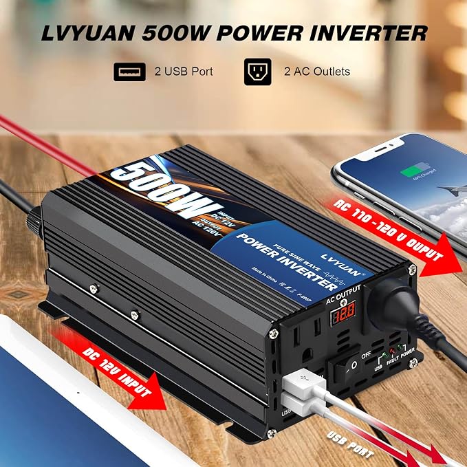 LVYUAN 1000 Watt Pure Sine Wave Power Inverter 12V to 110V/120V DC to AC Converter with Dual Sockets, Dual USB Ports, LED Display for Home Outdoor RV Car Power Inverter Power Adapter (Dark Blue)