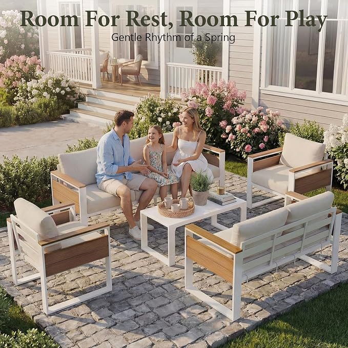 Aluminum Outdoor Patio Furniture Set, 7 Seats Outdoor Patio Sectional with 5" Plush Olefin Cushions & Sleek Design, All-Weather Conversation Sets for Backyard, Deck, Poolside