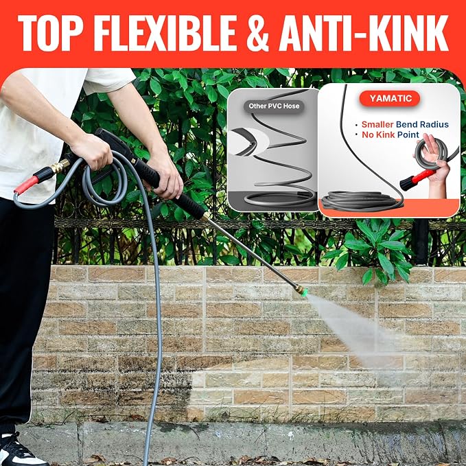 YAMATIC Pressure Washer Gun and Hose, 25 FT Flexible Hose with Stainless Steel Extension Power Washer Wand, 3/8" Swivel Quick Connect & M22-14mm Adapter Replacement for Ryobi Simpson Honda (Grey)