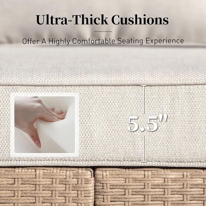 Patio Furniture Set 6 pcs, Wicker Rattan Sofa with 5.5” Thick Waterproof Cushions, 2 Chairs, 2 Ottomans and Coffee Table, All Weather Outdoor Conversation Set for Backyard Deck, 7 Seats Beige
