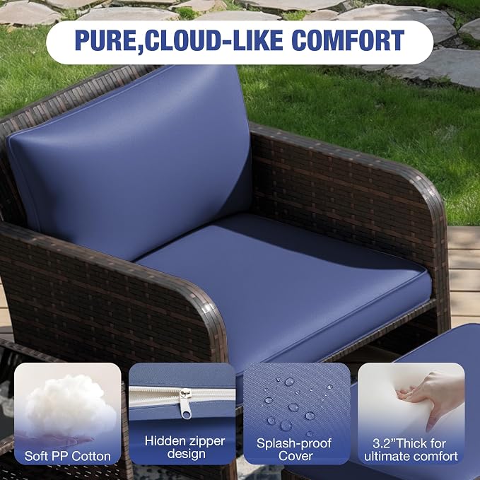 LEVELEVE Patio Conversation Set 5 Piece, Balcony Furniture Outdoor PE Rattan Wicker Lounge Chairs with Soft Cushions, 2 Ottomans & Glass Table for Porch Lawn, Brown (Blue Cushions