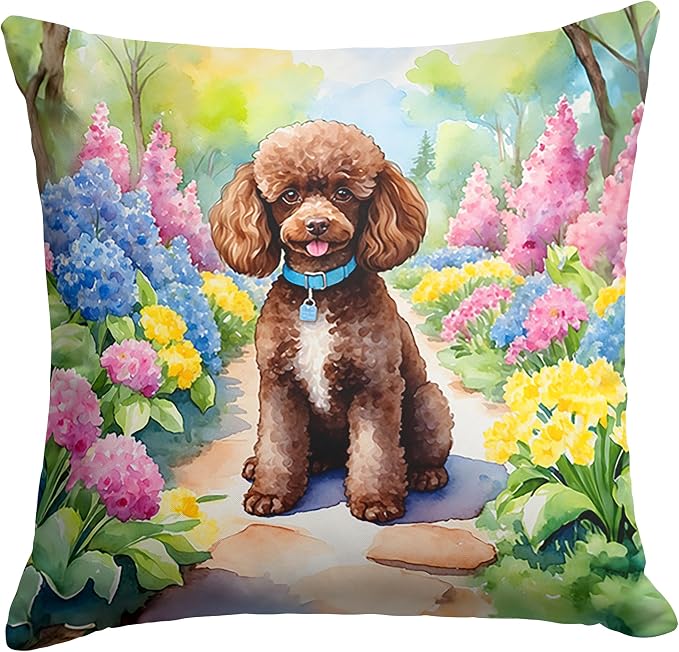 Caroline's Treasures Chocolate Poodle Spring Path Throw Pillow Machine Washable, Indoor Outdoor Decorative Pillow for Couch, Bed or Patio, 18Hx18W