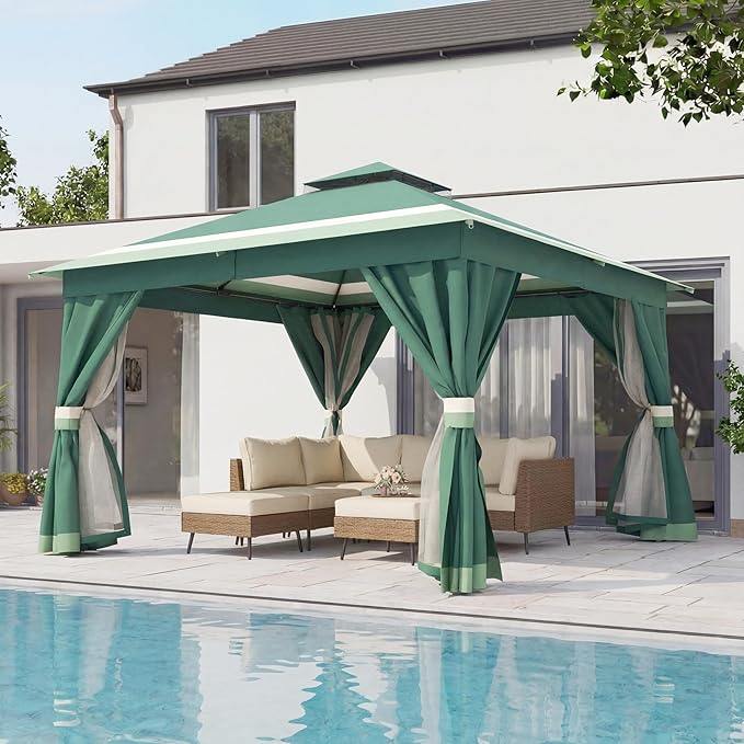 LAUSAINT HOME 12'x12' Outdoor Gazebo, Metal Frame Heavy Duty Patio Canopy Tent Shelter with Double Roofs, Mosquito Nettings and Privacy Screens for Backyard, Garden, Lawn, Forest Green