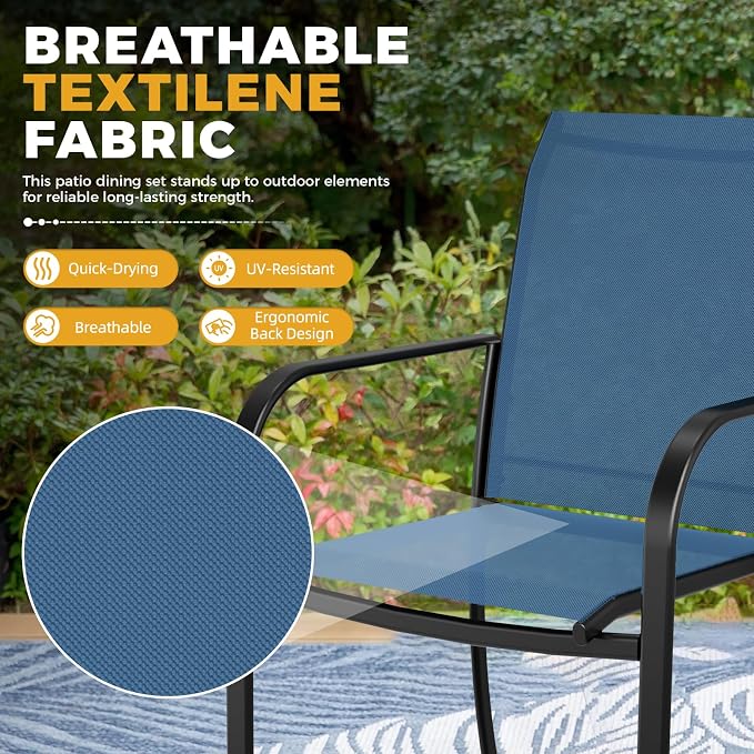 5-Piece Patio Dining Set with Umbrella,4 Person Outdoor Table and Chairs Set, 4 Metal Dining Chairs and Square Outdoor Table with 1.57" Umbrella Hole,Blue