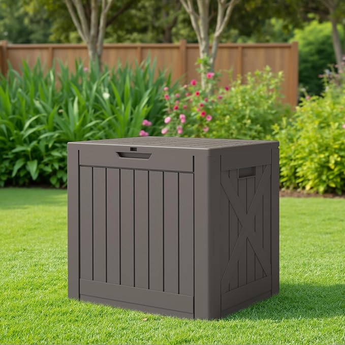 JUMMICO 42 Gallon Deck Box Waterproof, Resin Outdoor Storage Box with Side Handles, Outdoor Storage Benches Lockable for Patio Cushions and Garden Tools (Brown)