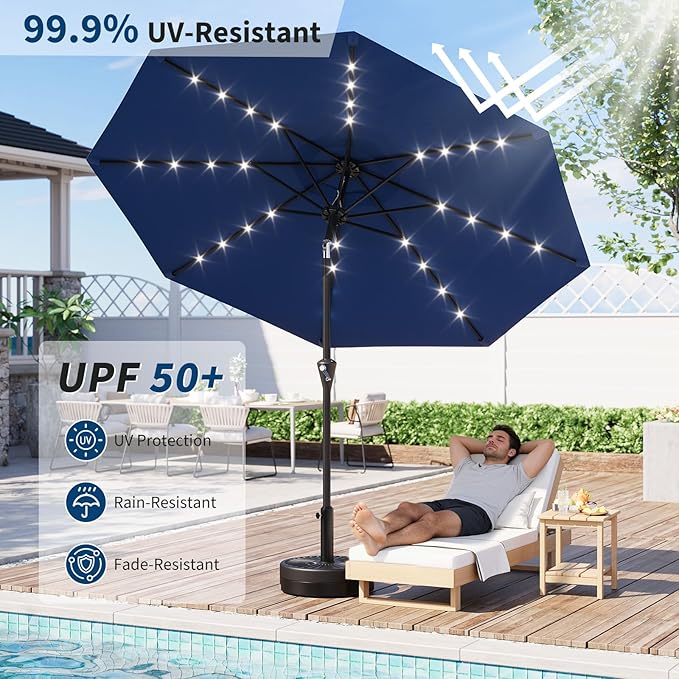 Garvee 9/10 FT Solar Patio Umbrella with 32 LED Lights - Outdoor Table Umbrella with Crank Lift, Push Button Tilt and 8 Sturdy Ribs - Market Umbrella UV Protection for Pool, Deck, Yard, Garden