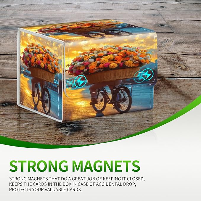Card Deck Box for MTG, Cards Storage Box Fits 120+ Sleeved, Leather Small Size Strong Magnetic Closing Card Case for Board Games Magic TCG CCG Baseball Collection, Flower Bike