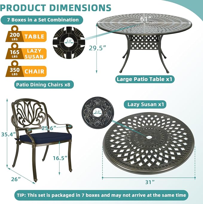MEETWARM 9-Piece Outdoor Patio Table and Chairs Set, All Weather Cast Aluminum Patio Dining Set- 8 Cushioned Chairs, 61" Round Patio Dining Table with Detachable Lazy Susan, Umbrella Hole, Navy Blue