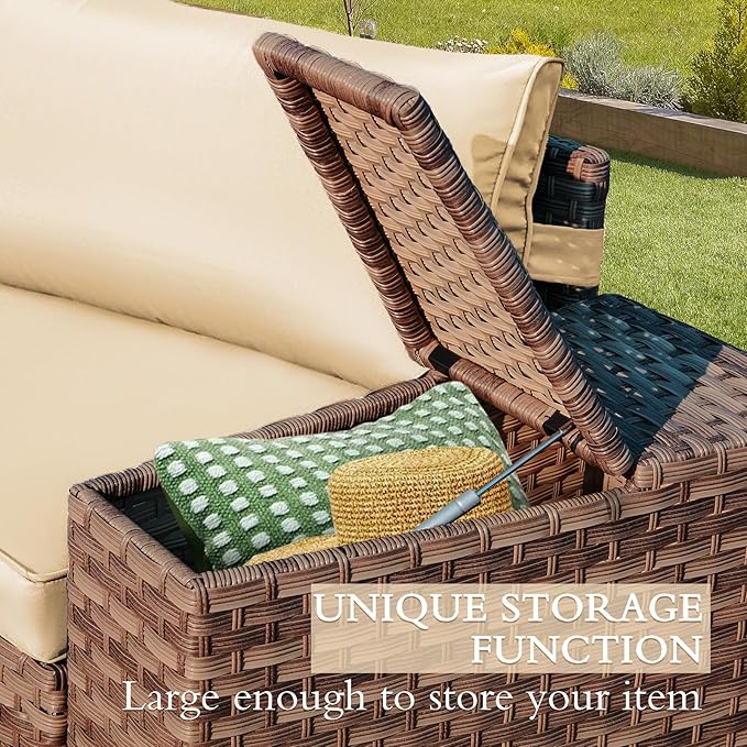 ECOTOUGE 7 Piece Patio Furniture Sets, Half-Moon Circle Conversation Set, Curved Wicker Outdoor Sectional with 2 Storage Armrests and Glass Coffee Table, Garden Balcony and Backyard (Beige)