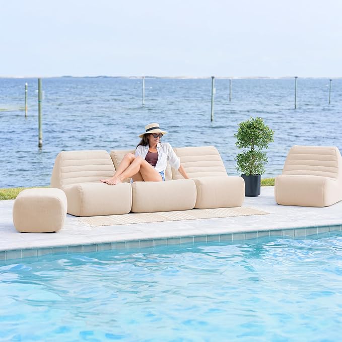 Big Joe Solvana Outdoor Sectional, 7 Piece Patio Furniture Set, Performance Linen Weather-Resistant Fabric Sofa, Sunlit Cream