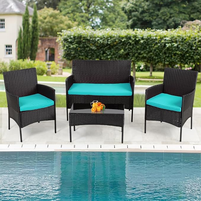 Generic 4 Pieces Outdoor Patio Wicker Furniture Sets Modern Rattan Bistro Set Outdoor Wicker Bistro Conversation Set with Loveseat & Padded Cushions Coffee Table for Home, Lawn and Balcony, Blue
