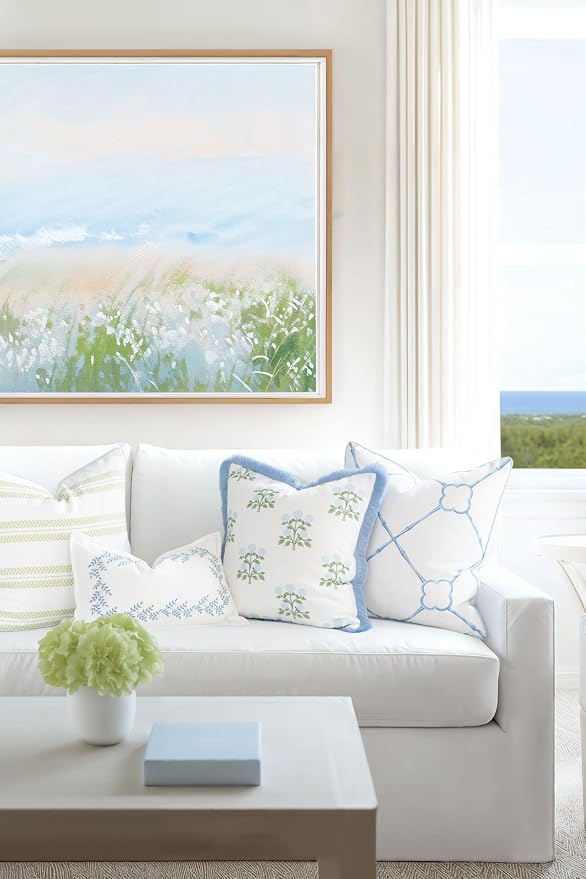 Hofdeco Premium Grandmillennial Coastal Hampton Patio Indoor Outdoor Throw Pillow Cover Only, 20"x20" Water Repellent for Backyard, Couch, Poolside, Baby Blue Green Print Hydrangea Flowers