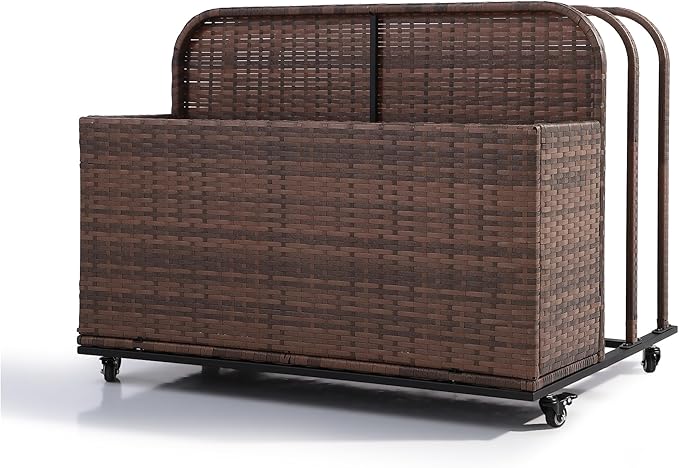Outdoor Pool Float Storage Basket, PE Rattan Rolling Toy Caddy with Wheels, Patio Furniture Organizer Wicker Box Pool Storage Cart for Floaties, Noodles, Life Vests, Beach Balls